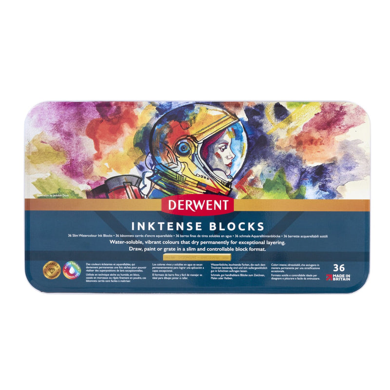 Derwent Inktense Blocks Tin of 36, closed, in the current astronaut artwork with INKTENSE BLOCKS lettering and a 36 count on the lid