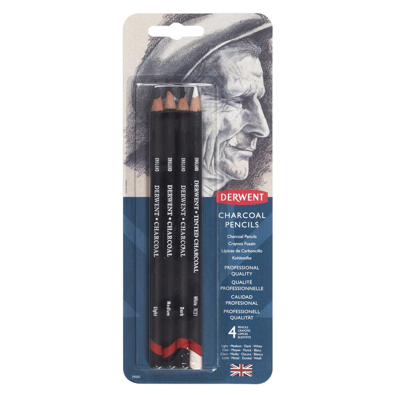 Derwent Charcoal Pencils blister card in current blue packaging holding four pencils, Light, Medium and Dark charcoal plus Tinted Charcoal White.