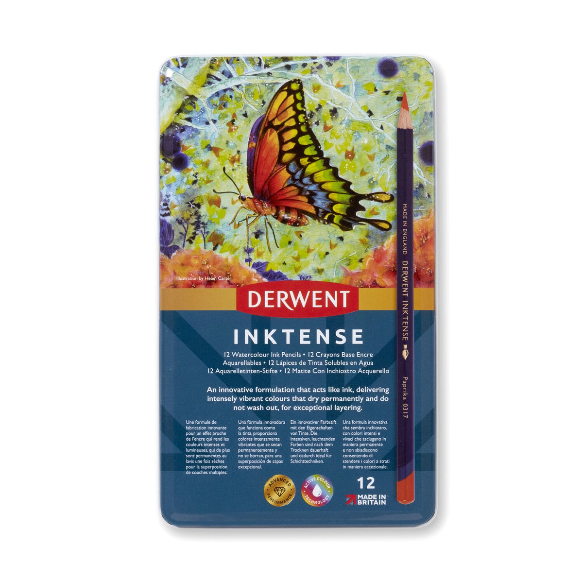 Closed Derwent Inktense 12 pencil tin, lid printed with a butterfly painting, the Derwent logo and the number 12