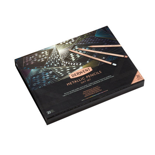 Derwent Academy 20th Anniversary Metallic Pencils Assorted Set of 20. Close-up of shimmering metallic pencil tips showing colour range.