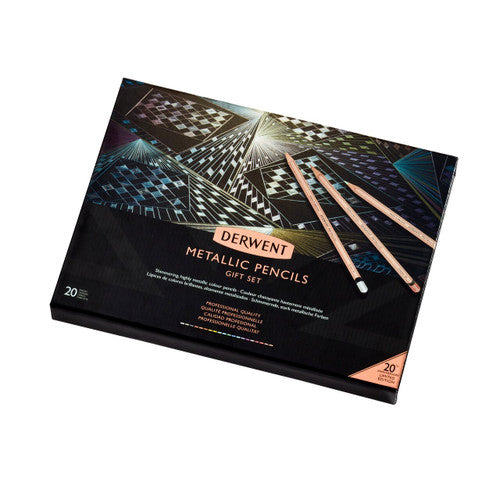 Derwent Academy 20th Anniversary Metallic Pencils Assorted Set of 20. Metallic pencils fanned out displaying all 20 assorted colours.