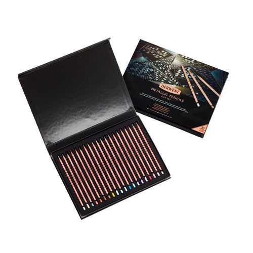 Derwent Academy 20th Anniversary Metallic Pencils Assorted Set of 20. Derwent Academy 20th Anniversary Metallic Pencils packaging and set contents.