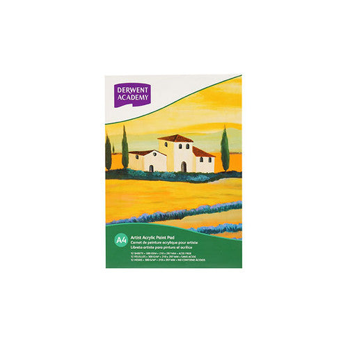 Derwent Academy Acrylic Drawing Pad A4 Portrait 12 Sheets Box of 5. Derwent Academy Acrylic Drawing Pad A4 Portrait 300gsm front cover view.