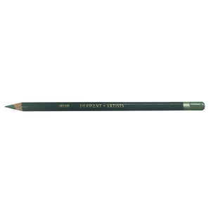 Derwent Artists Pencil in Cedar Green, a single pencil on a white background with a dark green barrel, gold DERWENT ARTISTS lettering, a sharpened point and the end dipped in Cedar Green