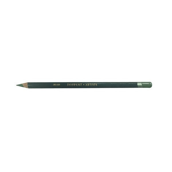 Second photo of the Derwent Artists Cedar Green pencil lying flat, showing the sharpened point, gold lettering along the dark green barrel and the colour-dipped end