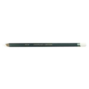 Derwent Artists Pencil in Chinese White, a single pencil on a white background with a dark green barrel, gold DERWENT ARTISTS lettering, a sharpened point and the end dipped in Chinese White