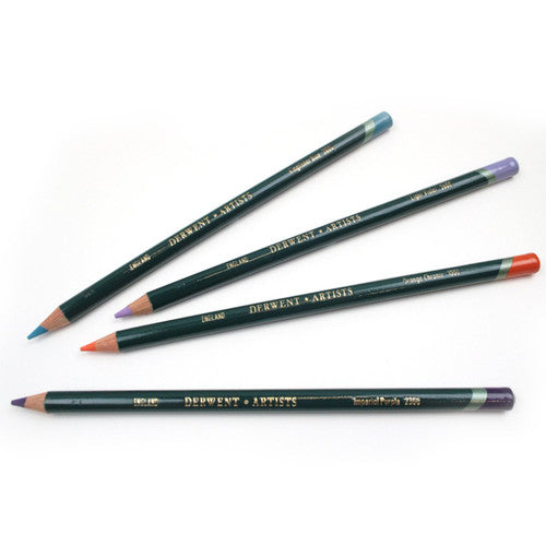 Derwent Artists Pencil Deep Cadmium Box of 6. Six Deep Cadmium Derwent Artists Pencils laid out side by side.