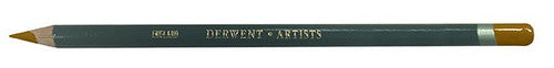 Derwent Artists Pencil Golden Brown Box of 6. Close-up of Golden Brown Artists Pencil showing aquamarine barrel and double-dipped end.