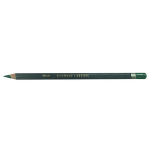 Single Derwent Artists pencil in Mineral Green on a white background, dark green barrel with gold DERWENT ARTISTS lettering and a Mineral Green end and point