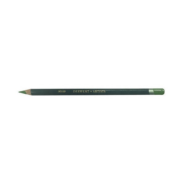 Second photo of the Derwent Artists Olive Green pencil lying flat, showing the sharpened point, gold lettering along the dark green barrel and the colour-dipped end
