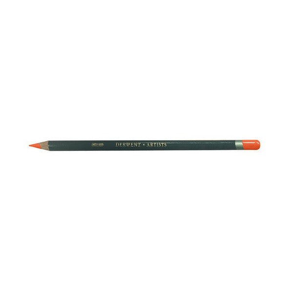 Second photo of the Derwent Artists Pale Vermilion pencil lying flat, showing the sharpened point, gold lettering along the dark green barrel and the colour-dipped end