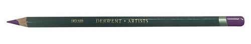 Close-up of Derwent Artists Pencil Red Violet Lake barrel showing aquamarine finish and double-dipped end
