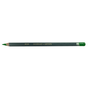 Derwent Artists Pencil in Sap Green, a single pencil on a white background with a dark green barrel, gold DERWENT ARTISTS lettering, a sharpened point and the end dipped in Sap Green