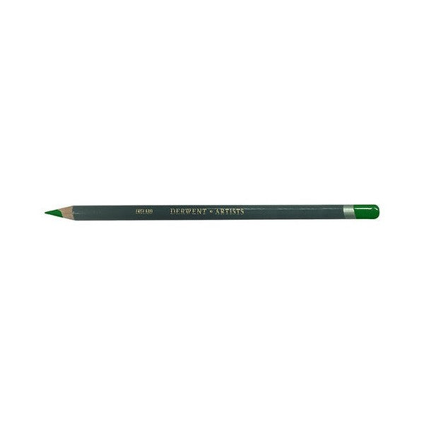 Derwent Artists Pencil Sap Green Box of 6. Close-up of Derwent Artists Pencil barrel in deep aquamarine with double-dipped end.
