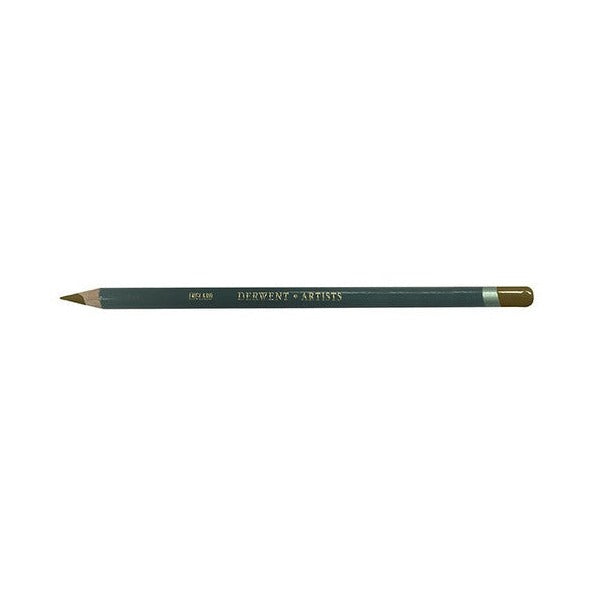 Second photo of the Derwent Artists Sepia pencil lying flat, showing the sharpened point, gold lettering along the dark green barrel and the colour-dipped end