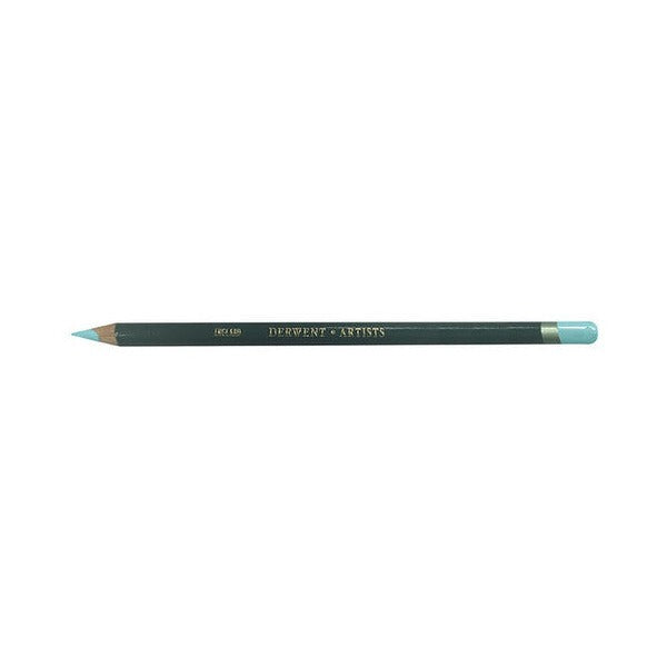 Derwent Artists Pencil Sky Blue Box of 6. Close-up of Derwent Artists Pencil showing aquamarine barrel and double-dipped end.