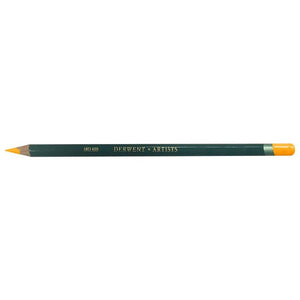 Derwent Artists Pencil in Spectrum Orange, a single pencil on a white background with a dark green barrel, gold DERWENT ARTISTS lettering, a sharpened point and the end dipped in Spectrum Orange