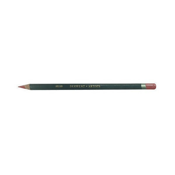 Second photo of the Derwent Artists Terracotta pencil lying flat, showing the sharpened point, gold lettering along the dark green barrel and the colour-dipped end