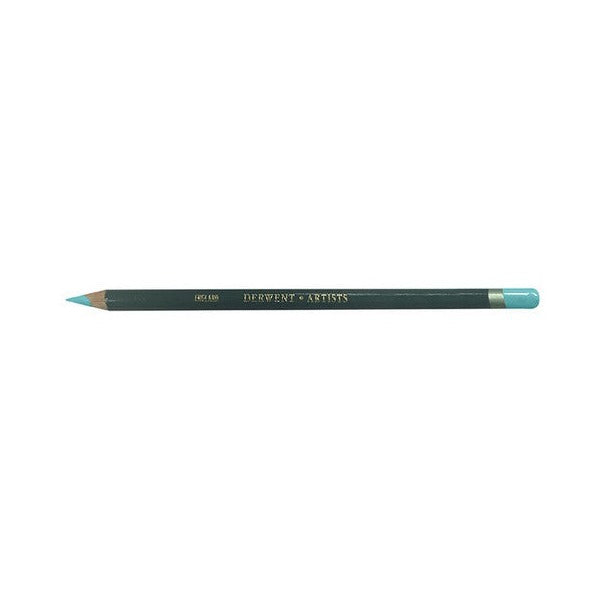 Derwent Artists Pencil Turquoise Blue Box of 6. Close-up of Derwent Artists Pencil turquoise blue barrel and double-dipped end.
