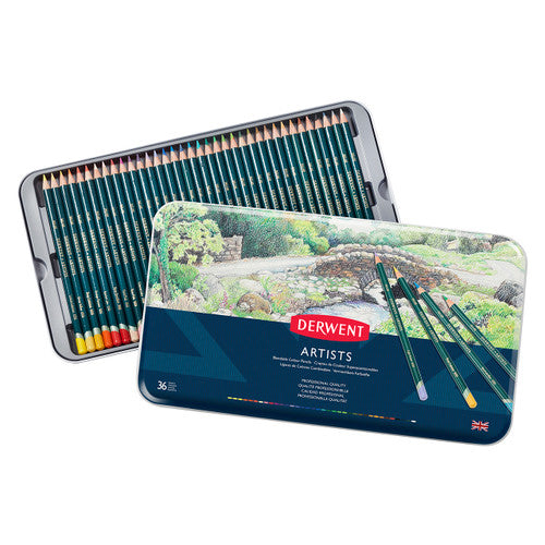 Derwent Artists Pencils Assorted Tin 36. Derwent Artists Pencils fanned out from the tin, displaying a range of assorted colours.