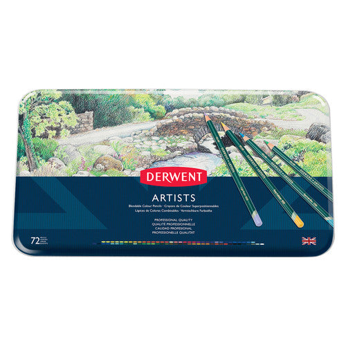 Derwent Artists Pencils Assorted Tin 72 - closed presentation tin with aquamarine lid