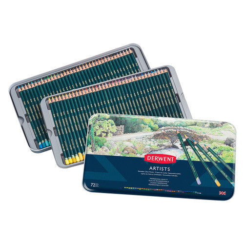 Derwent Artists Pencils Assorted Tin 72. 72 Derwent Artists coloured pencils arranged in rows showing full assorted colour range.