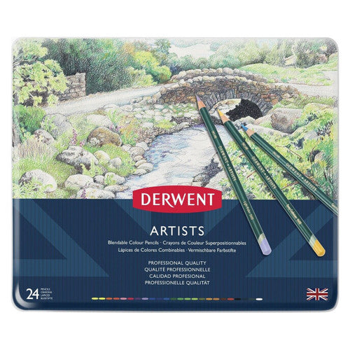Derwent Artists Pencils assorted tin set of 3 x 24 closed tins on white background