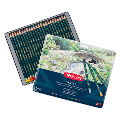 Derwent Artists Pencils Assorted Tin Set of 3 x 24. Close-up of Derwent Artists Pencil tips showing assorted colour range and 4.0mm strip.