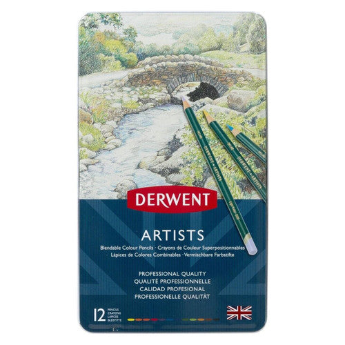 Derwent Artists Pencils Assorted Tin Set of 6 x 12. Derwent Artists Pencils assorted tin set showing pencils arranged in the tin.