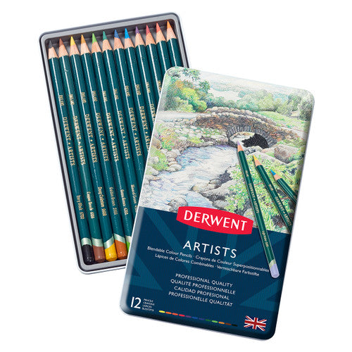 Derwent Artists Pencils Assorted Tin Set of 6 x 12. Close-up of Derwent Artists Pencil tips showing the wide 4.0mm colour strip.