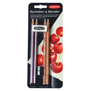 Derwent Academy Burnisher and Blender Pencil Pack of 6 Box of 6. Derwent Academy burnisher and blender pencil blister card showing pencils, eraser, and sharpener.