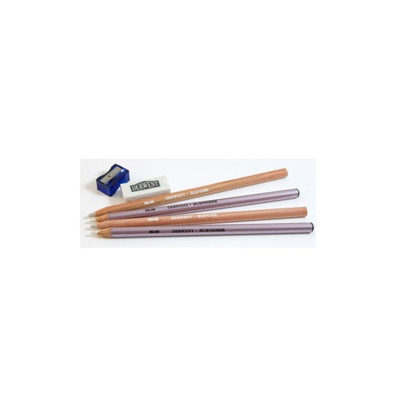 Derwent Academy Burnisher and Blender Pencil Pack of 6 Box of 6. Contents of one Derwent Academy blister card laid flat: 2 blenders, 2 burnishers, eraser, sharpener.