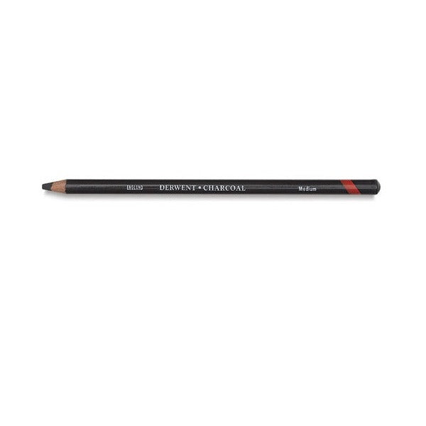 Derwent Charcoal Pencil Medium, a single sharpened pencil with a black barrel, DERWENT CHARCOAL lettering, the grade name Medium and a red band on a white background.