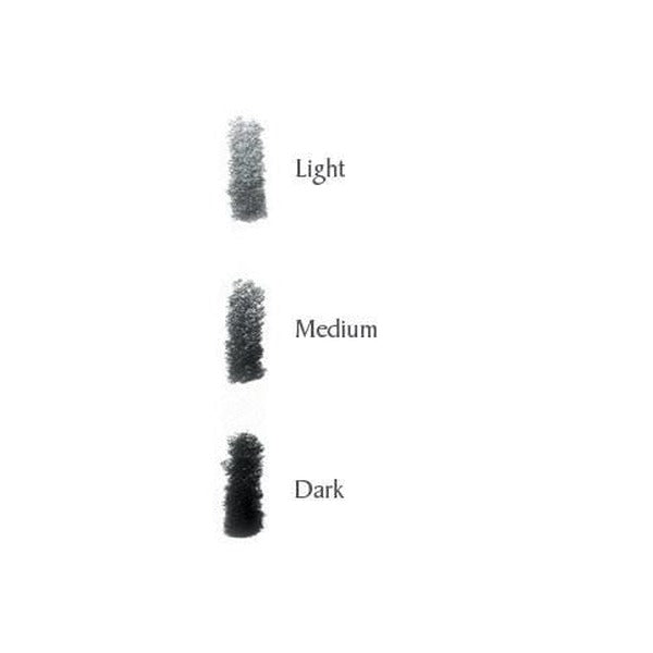 Swatch strip of Derwent Charcoal pencil marks labelled Light, Medium and Dark, shading from pale grey to deep black, including the Medium grade.