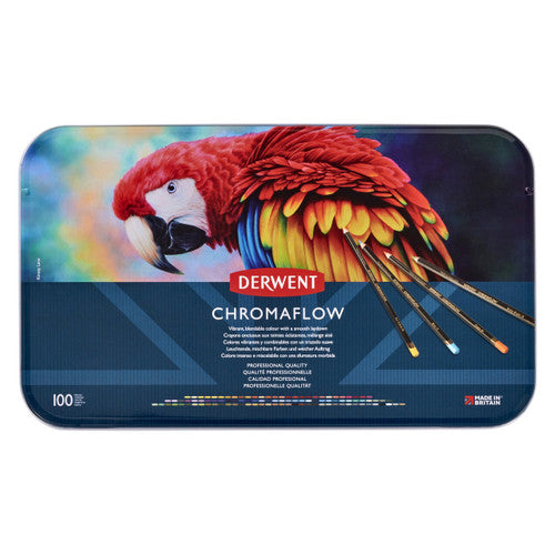 Derwent Chromaflow Pencils Assorted Tin of 100. Derwent Chromaflow 100-pencil tin closed lid view