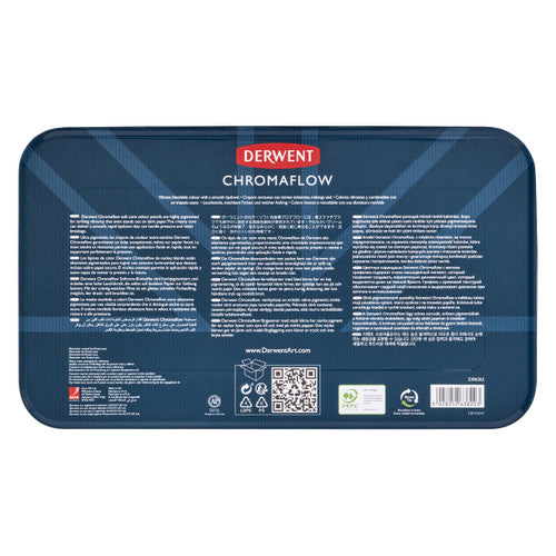 Derwent Chromaflow Pencils Assorted Tin of 100. Derwent Chromaflow tin open showing pencil arrangement.