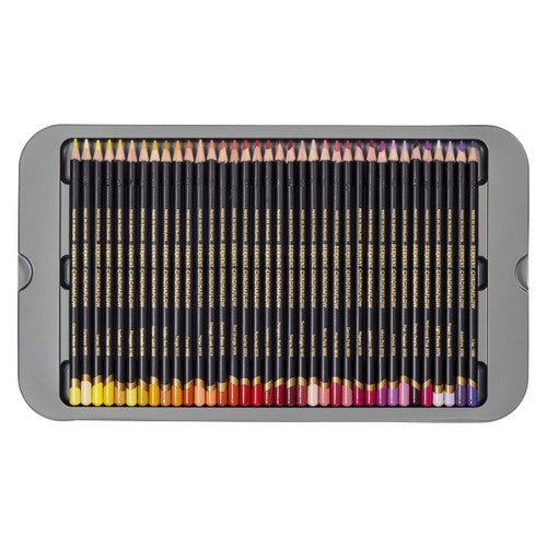 Derwent Chromaflow Pencils Assorted Tin of 100. Close-up of Derwent Chromaflow pencil tips showing colour variety.