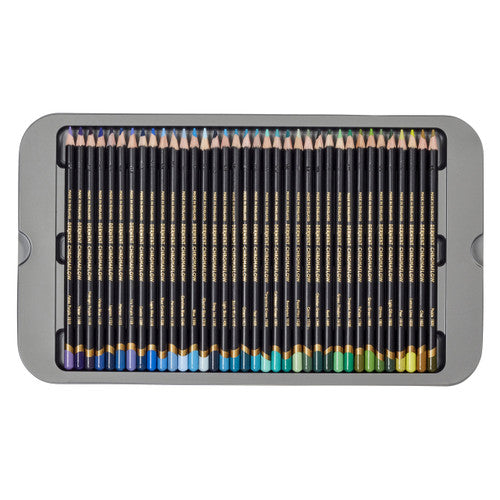 Derwent Chromaflow Pencils Assorted Tin of 100. Derwent Chromaflow pencils fanned out displaying assorted colours.