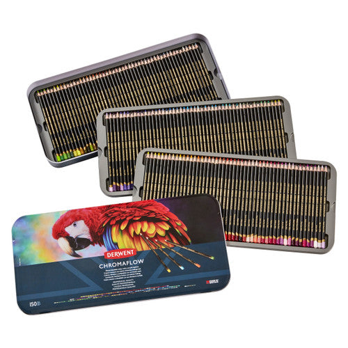 Derwent Chromaflow Pencils Assorted Tin of 150. Derwent Chromaflow 150 assorted colour pencils in a collectible tin, front view.