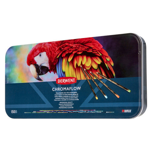 Derwent Chromaflow Pencils Assorted Tin of 150. Derwent Chromaflow pencil tin open showing full set of 150 assorted colours.