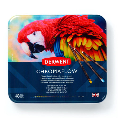 Derwent Chromaflow Pencils Assorted Tin of 48. Derwent Chromaflow assorted colour pencils tin of 48 closed lid view.