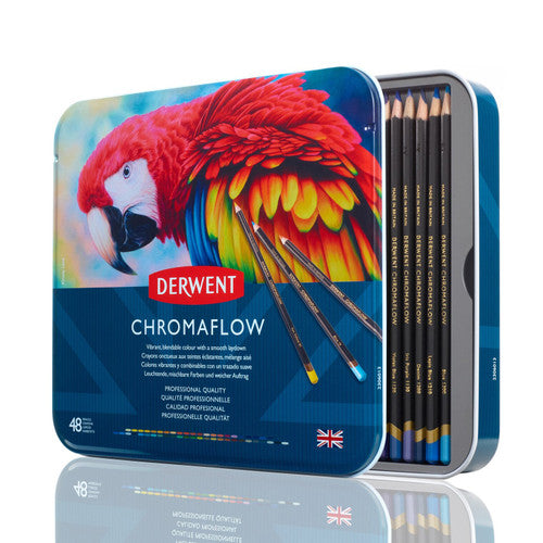 Derwent Chromaflow Pencils Assorted Tin of 48. Derwent Chromaflow tin of 48 pencils open showing assorted colours arranged in rows.