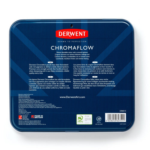 Derwent Chromaflow Pencils Assorted Tin of 48. Close-up of Derwent Chromaflow pencil tips showing vibrant pigmented cores.