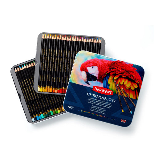 Derwent Chromaflow Pencils Assorted Tin of 48. Derwent Chromaflow pencils fanned out displaying the full assorted colour range.