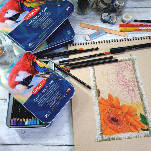 Derwent Chromaflow Pencils Assorted Tin of 48. Derwent Chromaflow pencils used for blending and shading on white paper.