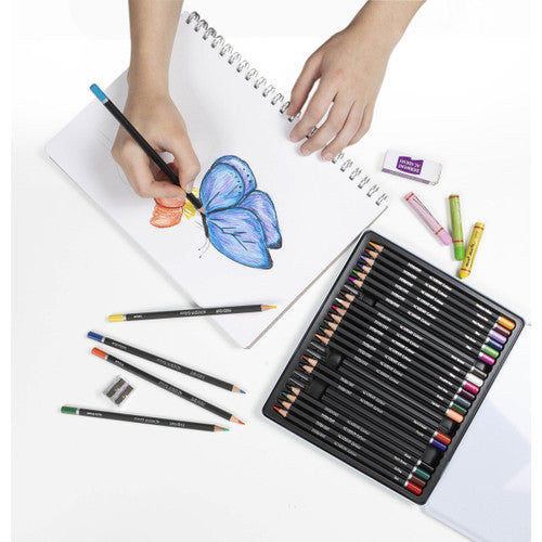 Derwent Academy Colour Pencils Assorted Tin 24. Single Derwent Academy Colour Pencil showing natural wood barrel and pigment tip.