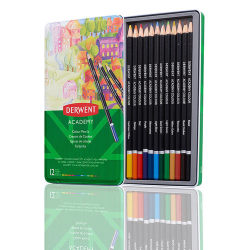Close-up of Derwent Academy colour pencils showing natural wood barrels and assorted pigment colours