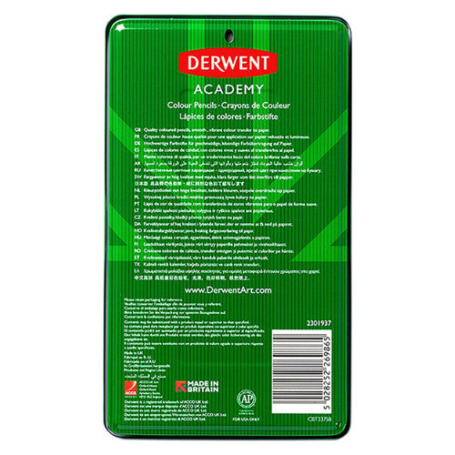 Derwent Academy Colour Pencils Assorted Tin Set of 6 x 12. Six Derwent Academy colour pencil tins arranged together showing the bulk pack contents.