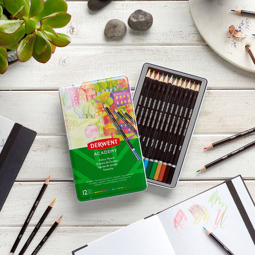 Derwent Academy Colour Pencils Assorted Tin Set of 6 x 12. Derwent Academy pencils laid out displaying the range of 12 assorted colours per tin.