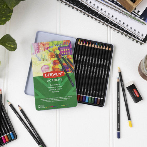 Derwent Academy Colour Pencils Assorted Tin Set of 6 x 12. Derwent Academy Colour Pencils tin open to show 12 assorted pencils inside.